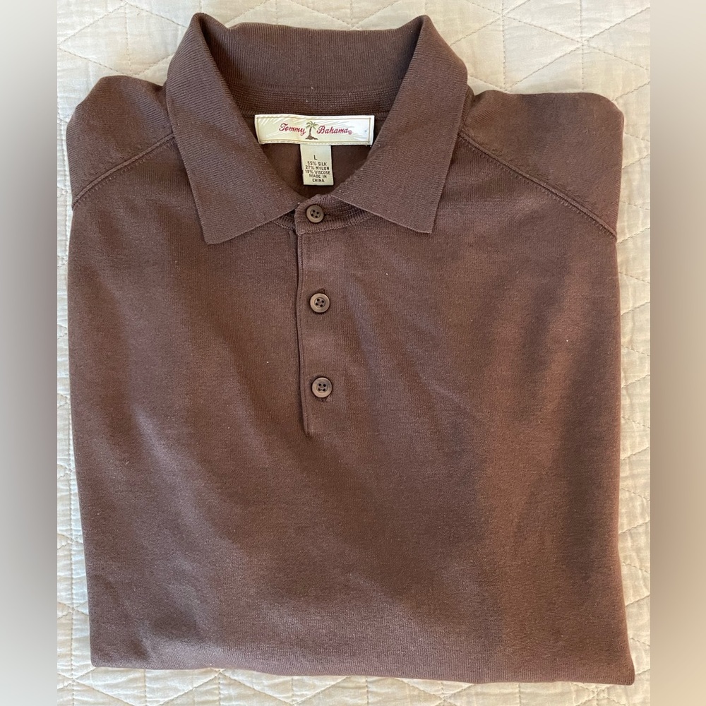 Tommy Bahama Silk Blend Raglan Sleeve Polo Sweater in Brown Size L